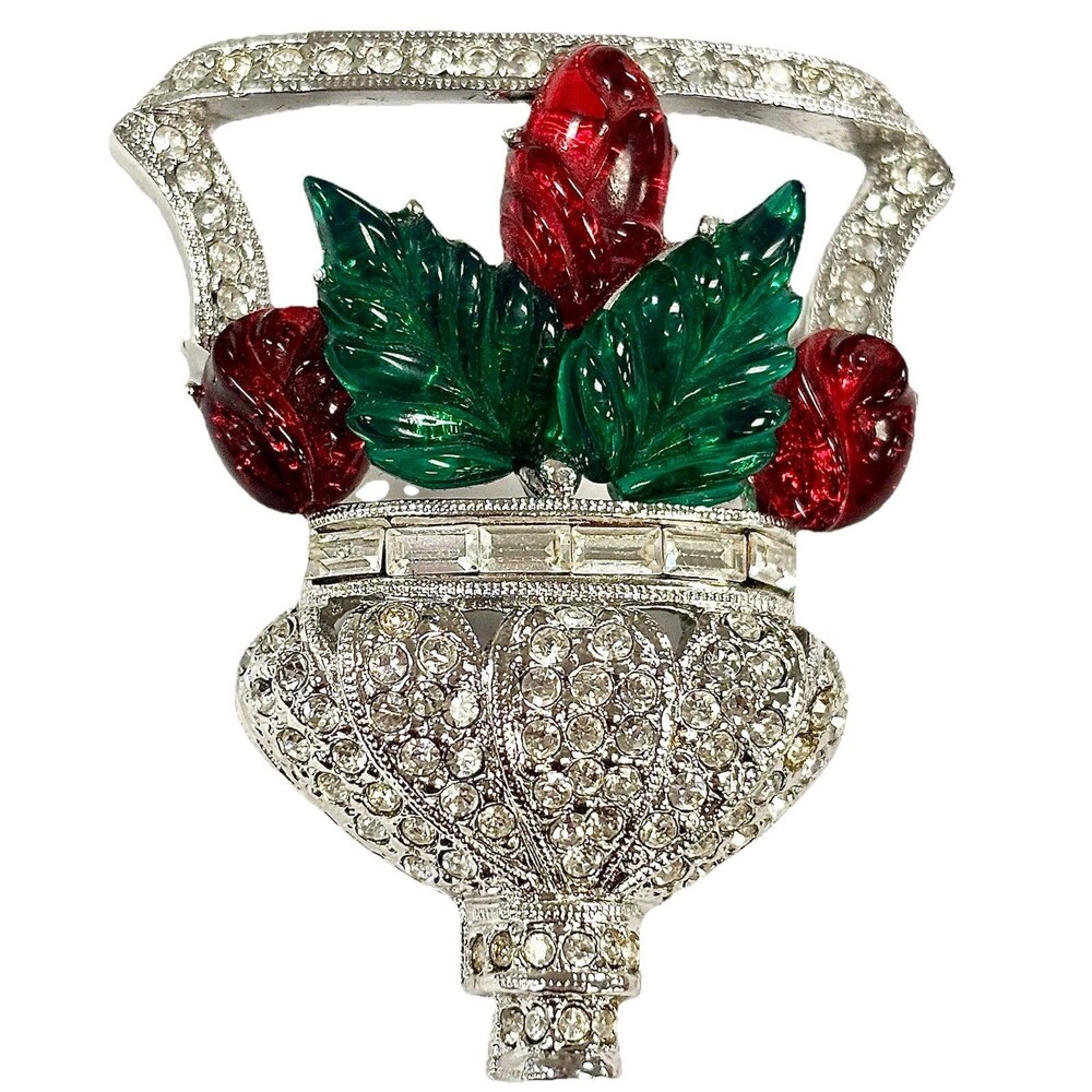 RARE Signed ART DECO 89 Floral Basket Brooch Pin Rhinestone Resin UNWORN HTF